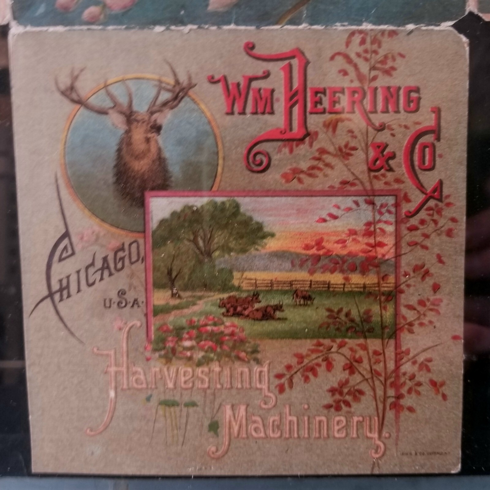 Atq 1880s Wm Deere & Co Chicago 5-Panel Double Sided Advertising Between Glass