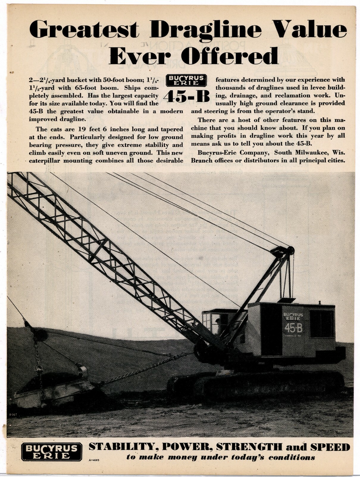 1932 Bucyrus Erie Equipment Ad: BE 45-B Dragline. Sustainability, Power Strength