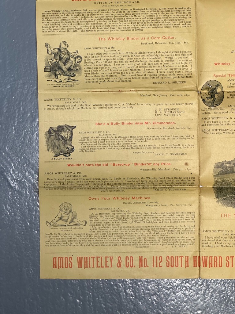 1891 Amos WHITELEY Farm HARVESTING MACHINES Mower Binder Advertising Circular