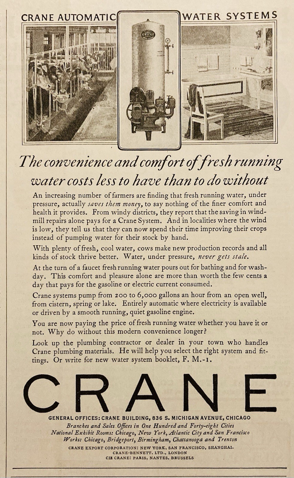 1924 AD.(XH82)~CRANE CO. CHICAGO. CRANE AUTOMATIC WATER SYSTEMS
