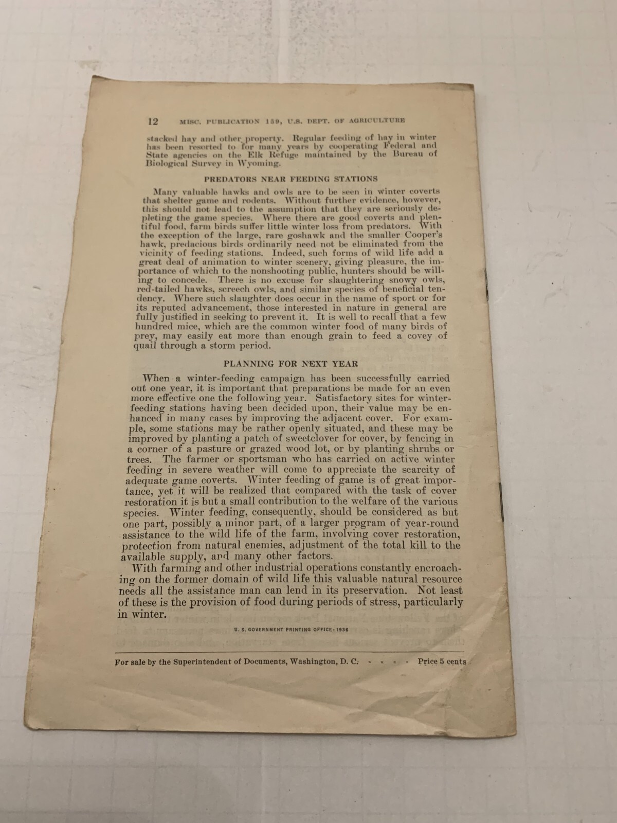 1933 US Department Of Agriculture Publication 159 Winter Feeding Of Wildlife