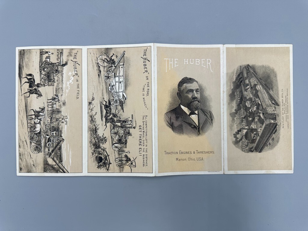 1880s HUBER ENGINE Farm THRESHER Advertise 4-Panel Folding Trade Card MARION OH