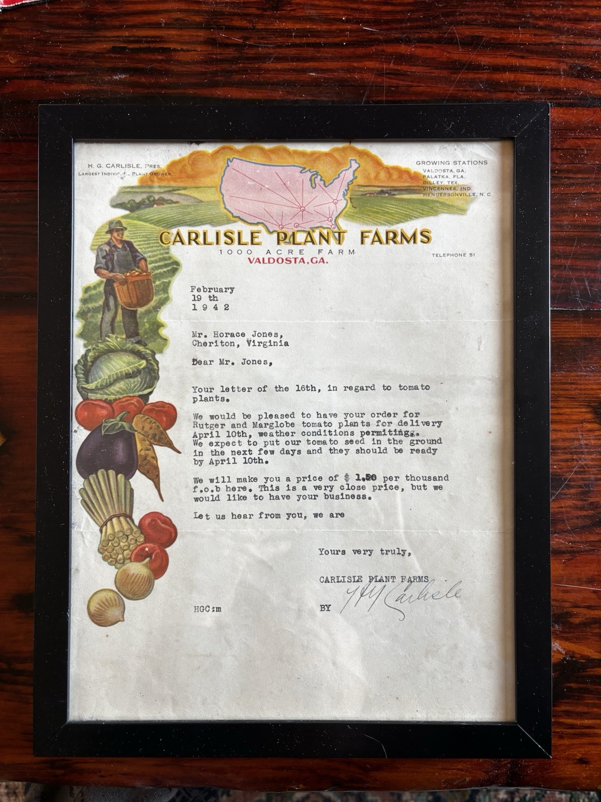 1942 Carlisle Plant Farms Valdosta GA Tomato Plants Quote to Jones Cheriton ESVA