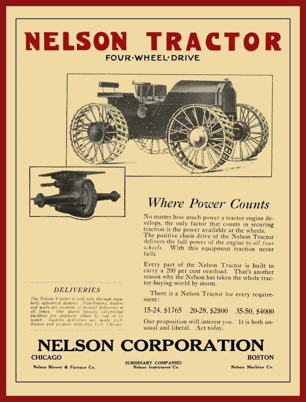 1919 Nelson Co. NEW Metal Sign: Four Wheel Drive Tractors – Chicago & Boston