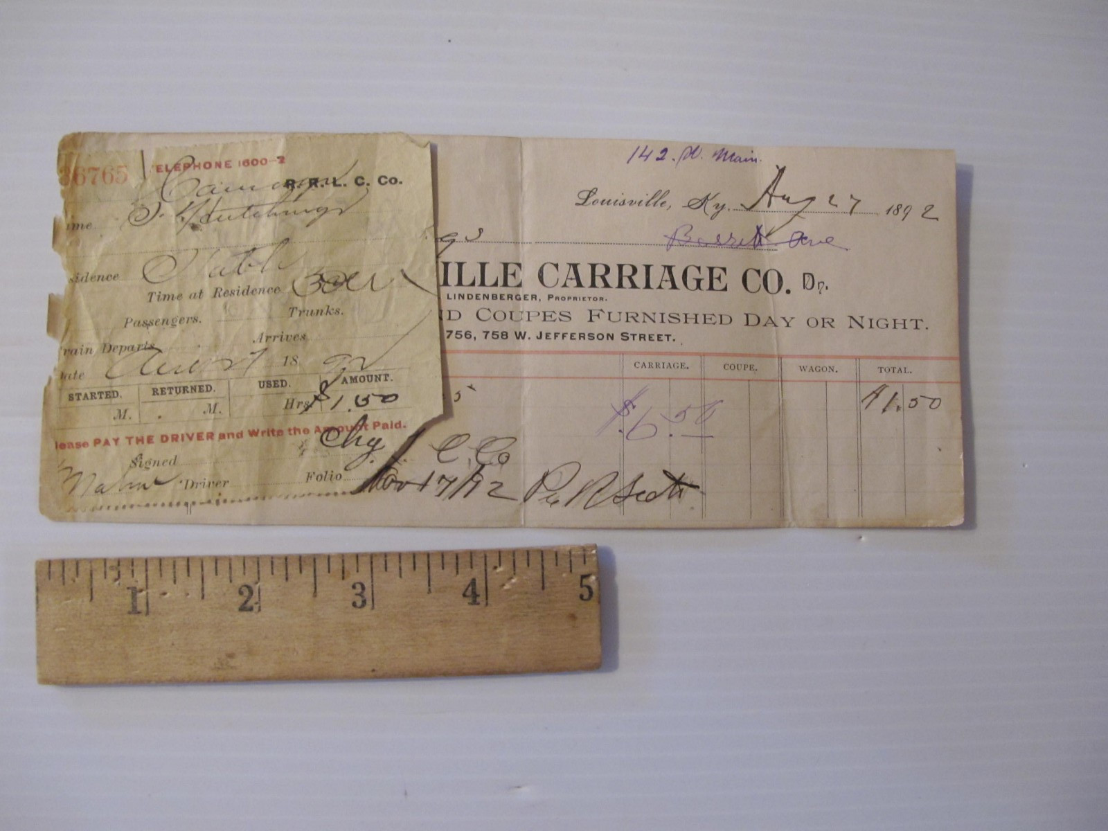 ORIGINAL 1892 RECEIPT FOR USE OF A CARRIAGE. LOUISVILLE CARRIAGE COMPANY