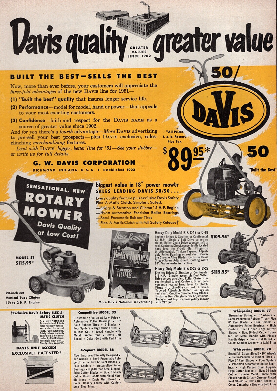 1951 Davis Rotary Motor Lawnmower Original Print Ad