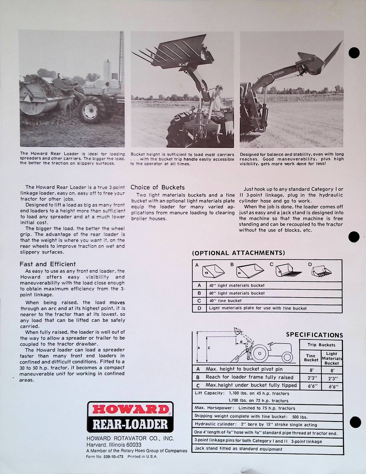 Vintage Farm Advertisement Spec Sheet Efficient Three Point Linkage Rear Loader