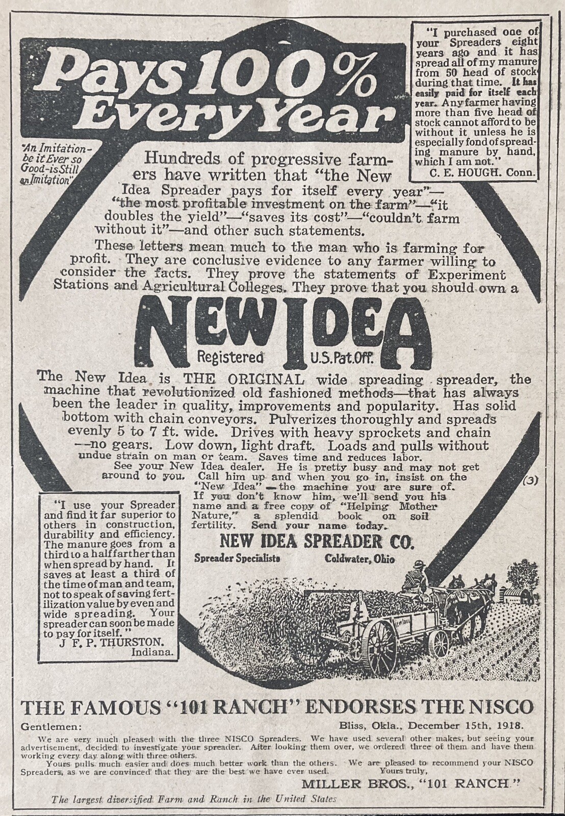 1919 AD.(XH67)~NEW IDEA SPREADER CO. COLDWATER, OHIO. THE “ORIGINAL” SPREADER