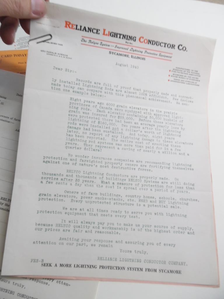 c.1938-40 Reliance Lightning Rod Conductor Co. Relyco Brochure Paper Lot Vintage