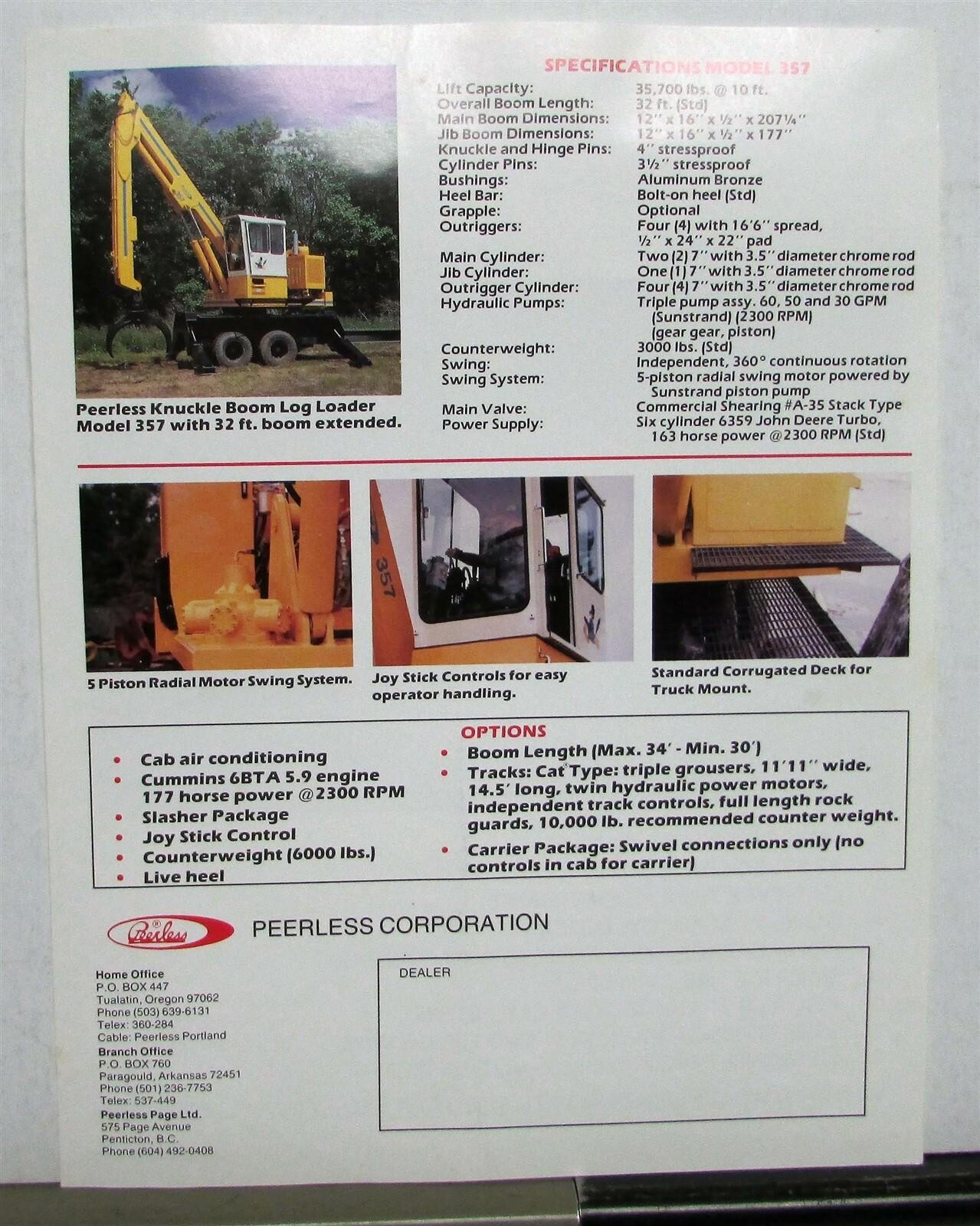 1975-1980 Peerless 357 Hydraulic Log Loader Construction Sales Sheet