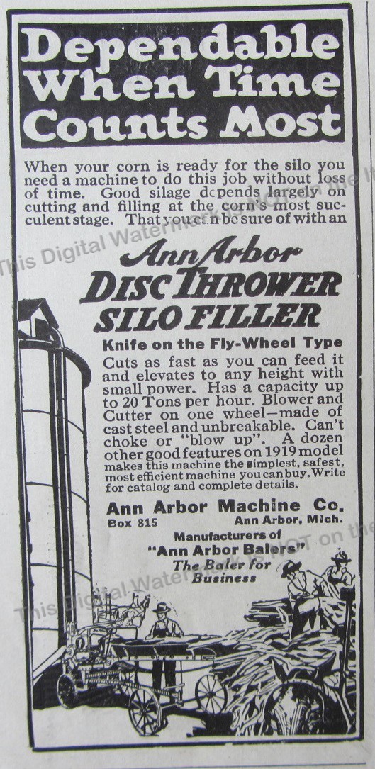 1919 Ad * Ann Arbor Disc Thrower Silo Filler Corn Ann Arbor Machine Co Michigan