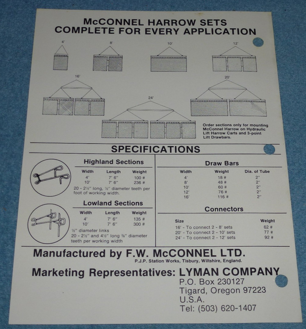 Vintage McConnel Harrows Farm Equipment Brochure Specs Sheet