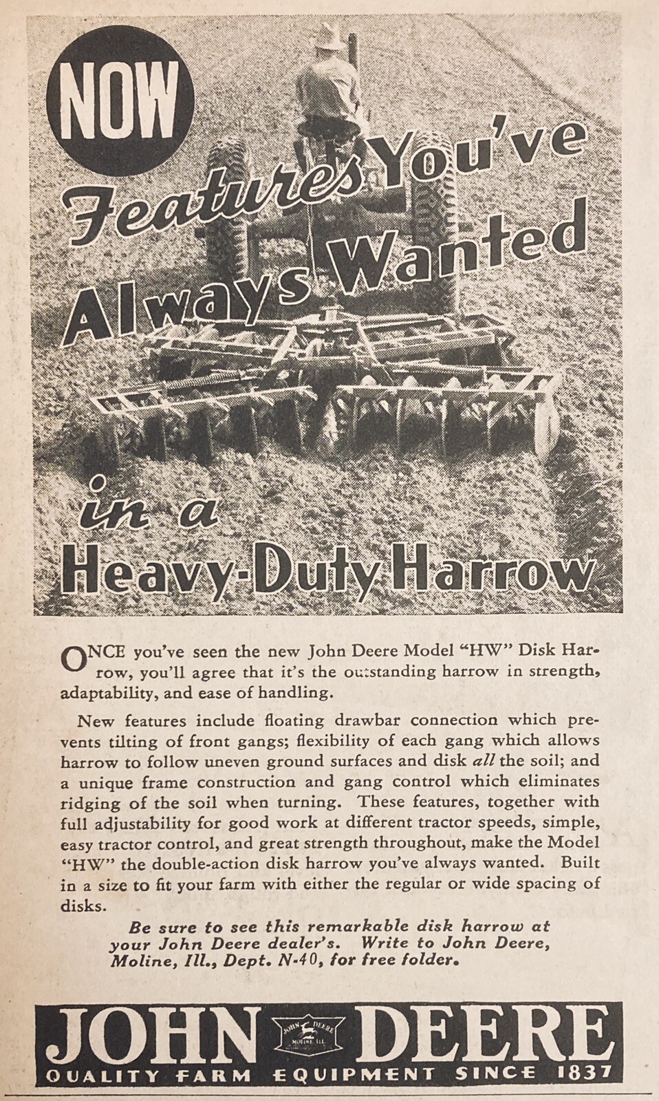 1938 AD.(XG1)~JOHN DEERE MODEL “HW” DISC HARROW, MOLINE, ILL..