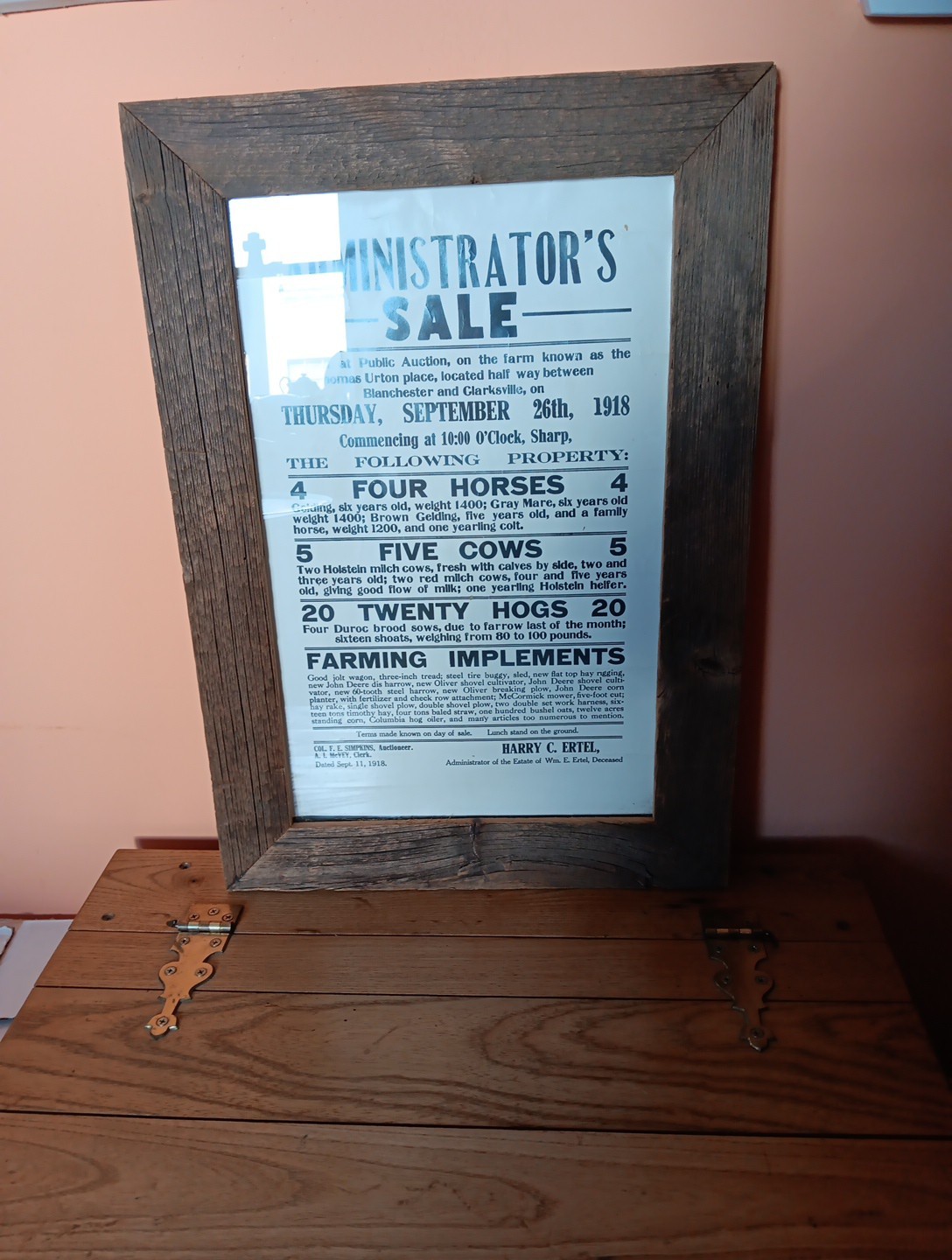1918 Administrator&rsquo;s Sale Bill of Farm Near Clarksville & Blanchester (OH?)