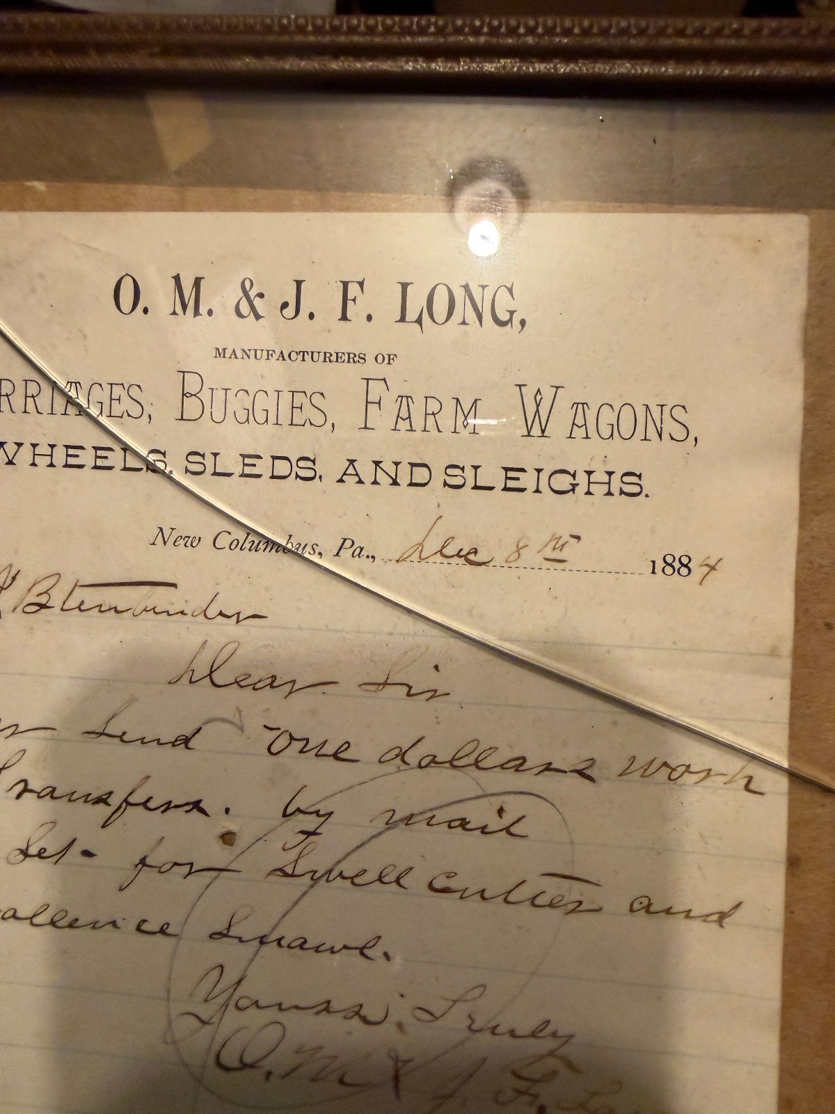 O.M. & J.F. Long Farm wagons buggies New Columbia, Pa. `1884 repair recite adv.