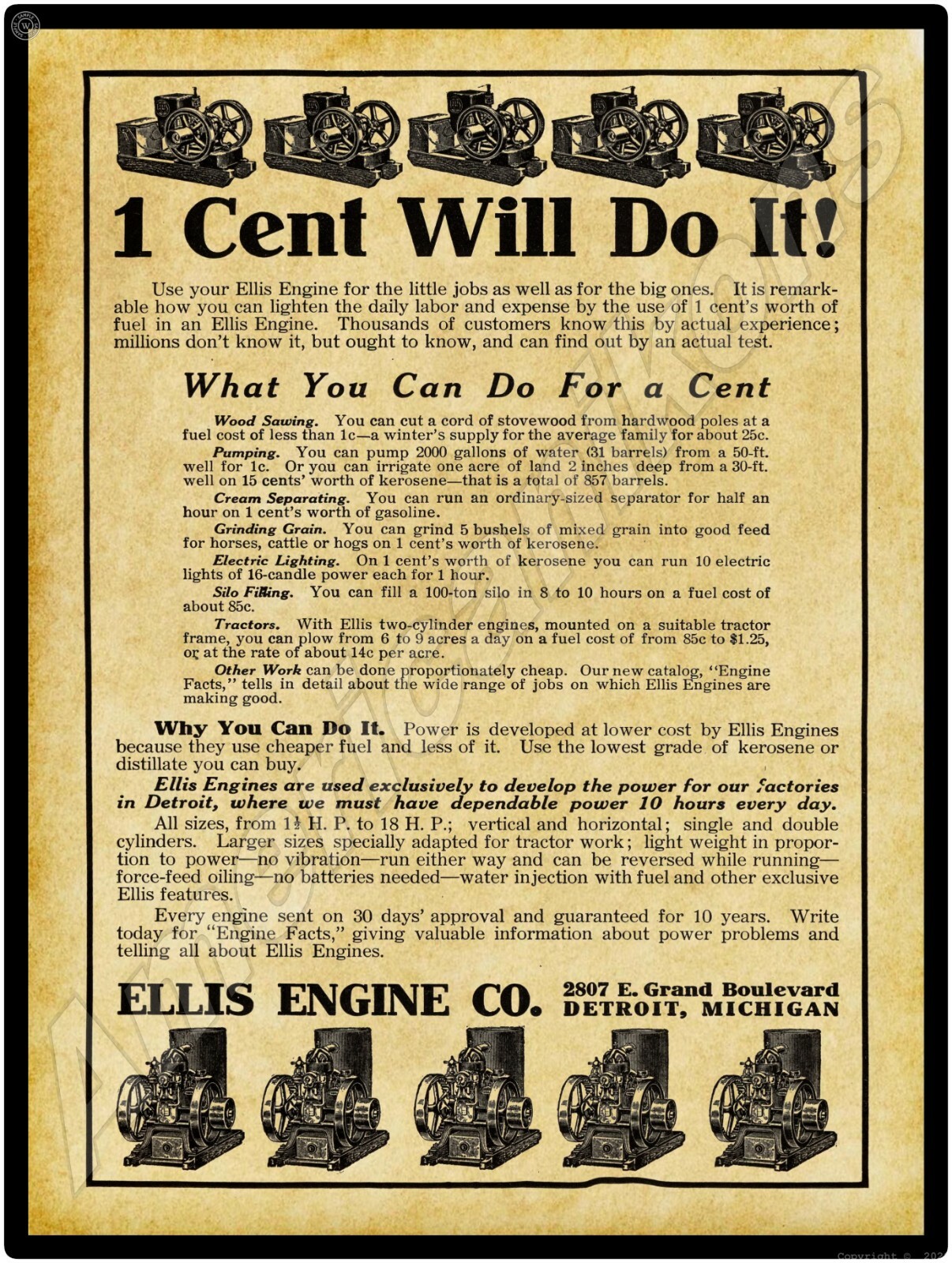 1915 Ellis Engine Company Gas Engines New Metal Sign: LARGE SIZE 12 x 16