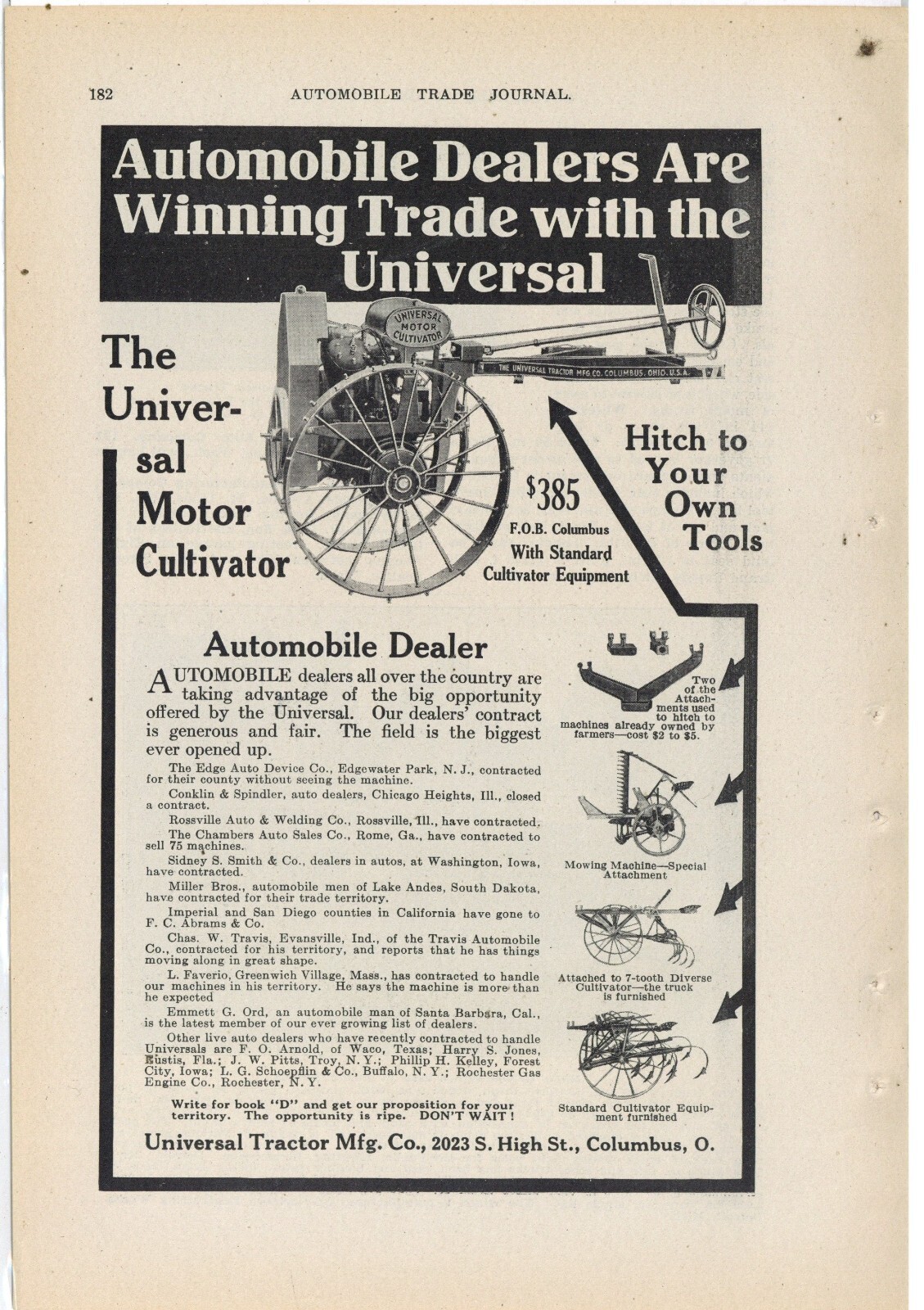 1915 Universal Tractor Mfg. Co. of Columbus, OhiO Ad: Motor Cultivator $385