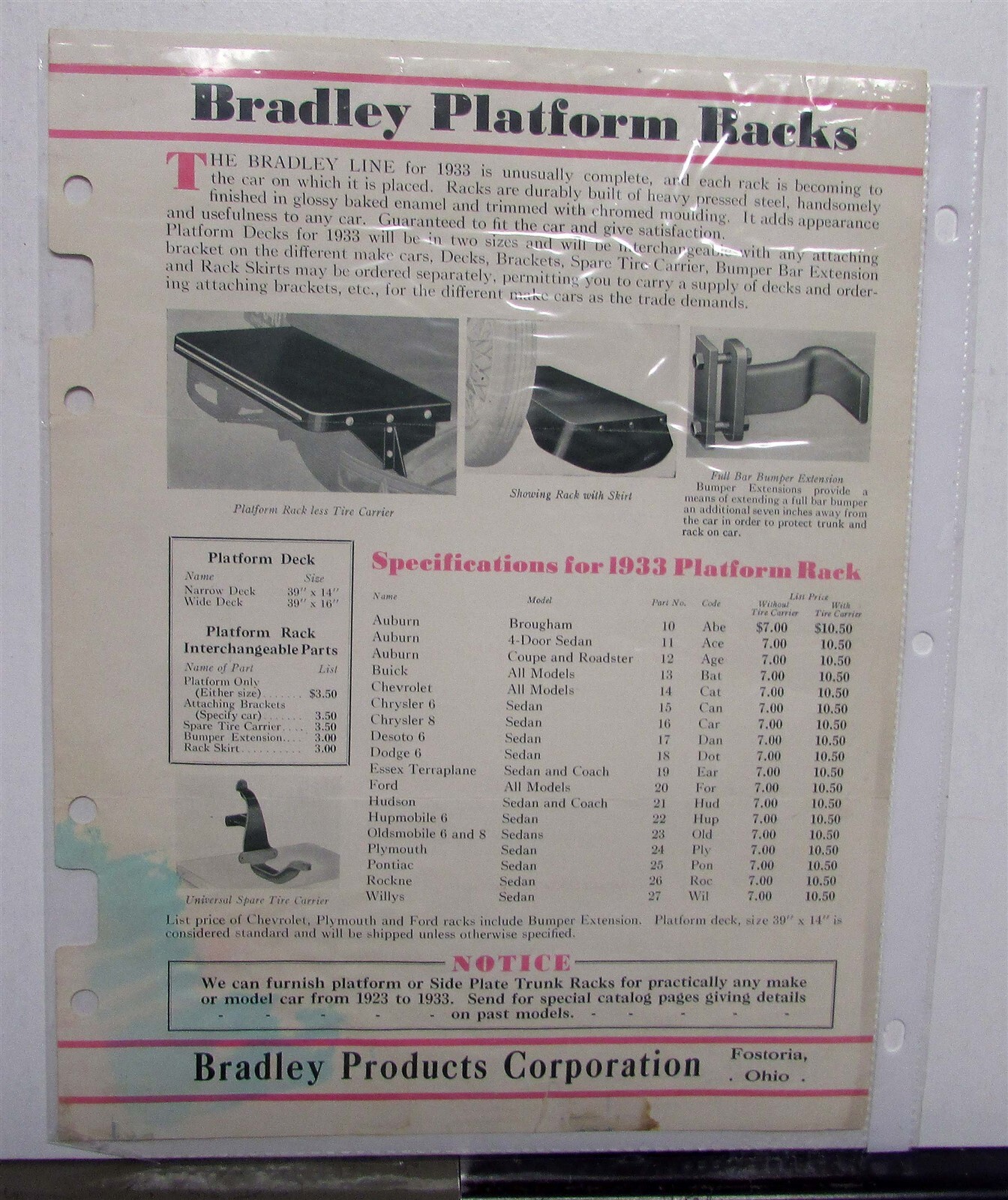 1933 Bradley Folding & Platform Racks Visors Specifications Sales Data Sheet