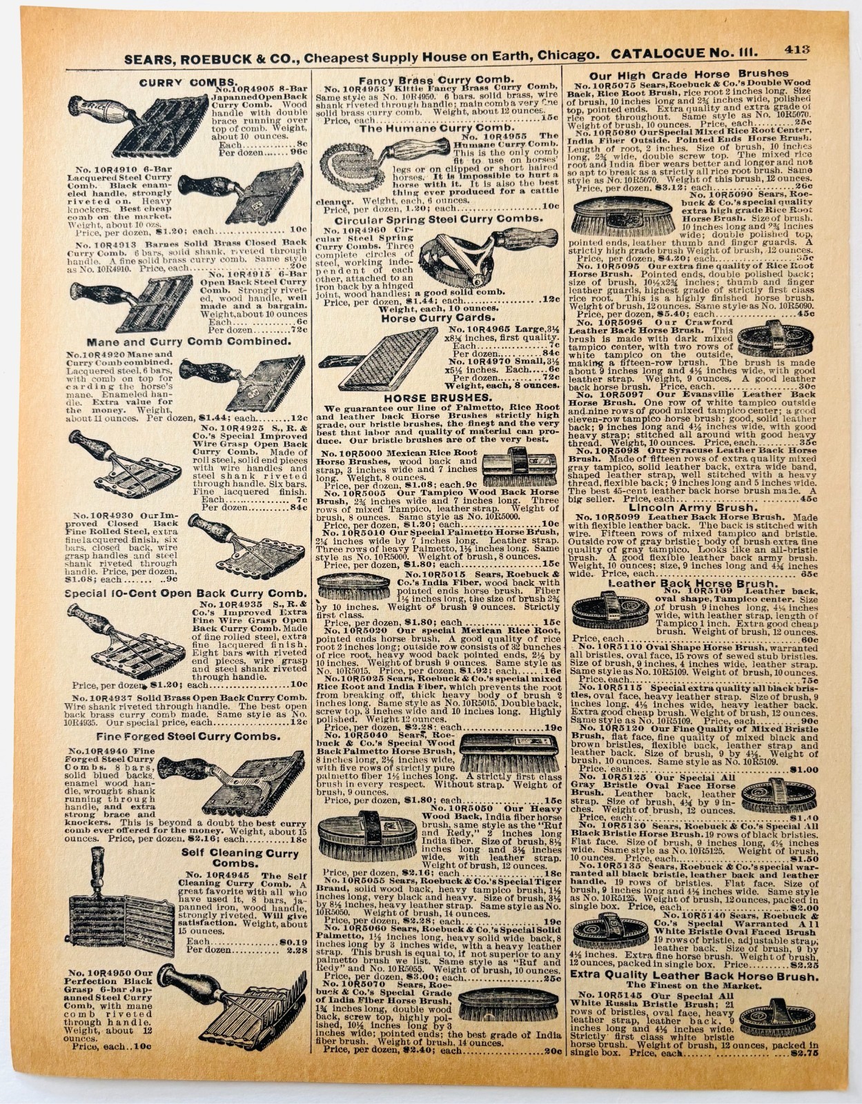 1901 Horse Brush Curry Combs Reproduction Advertisement Sears Agriculture DWW9A
