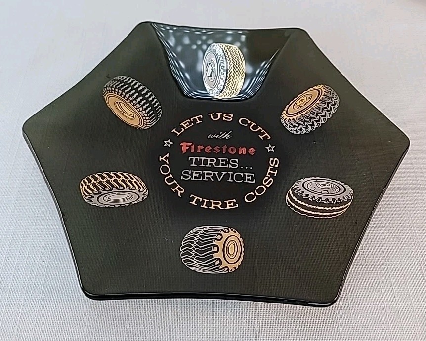 Vintage Firestone Tire Service Dealer smoked Glass Coin Dish / Desk Trinket MCM