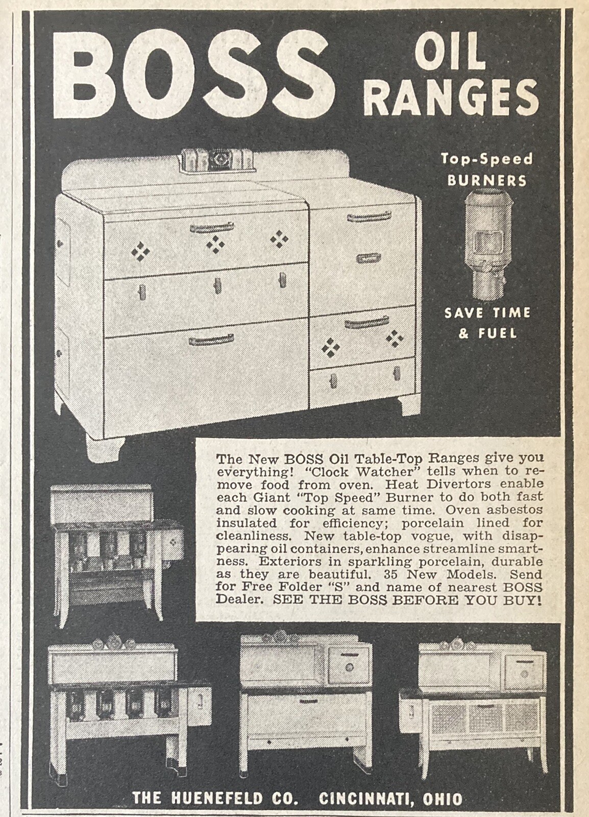 1938 AD.(XG5)~THE HUENEFELD CO. CINCINNATI, OHIO. BOSS OILRANGES