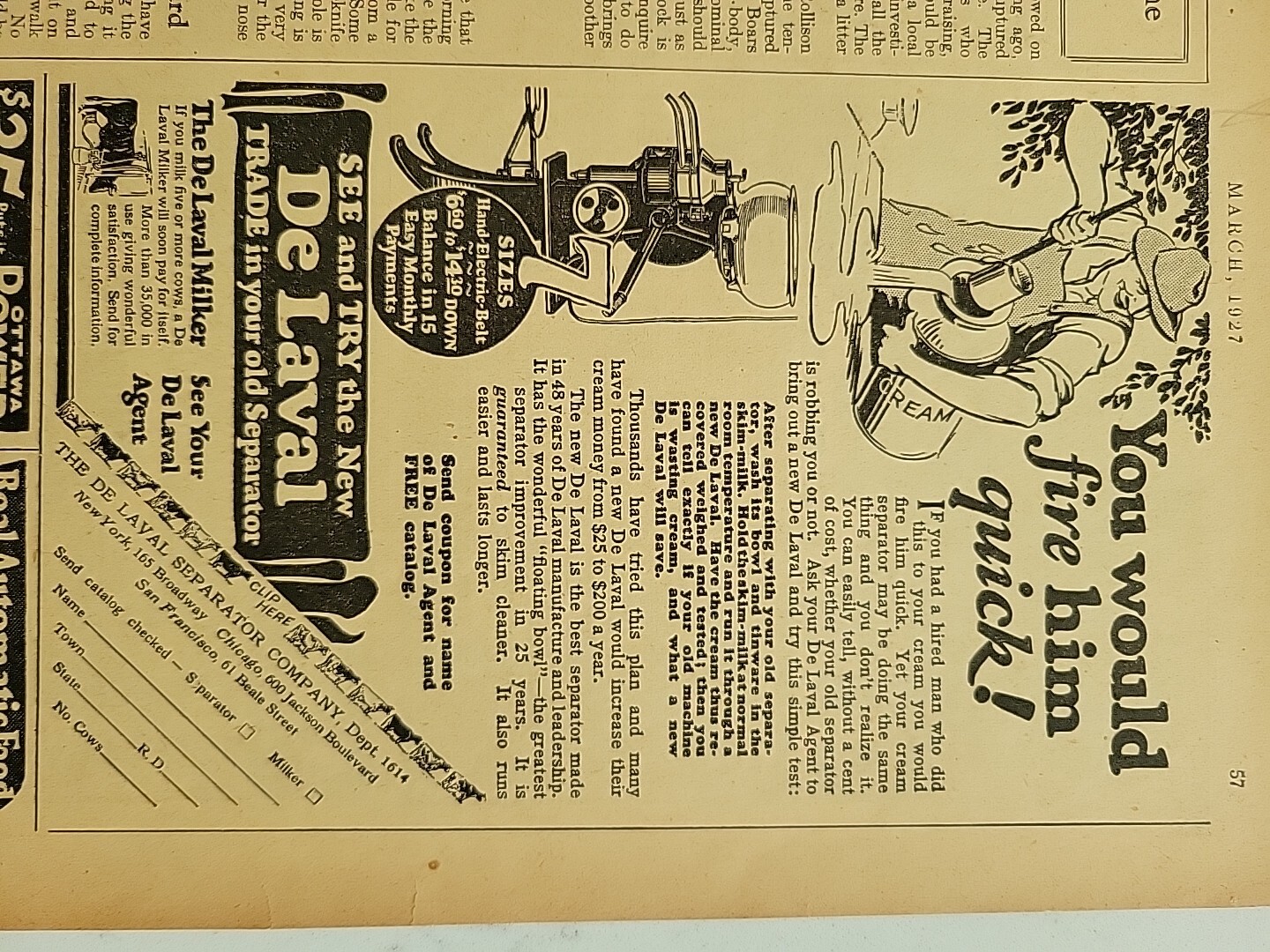 1927 De Laval cream separator company You would fire him quick vintage Ad