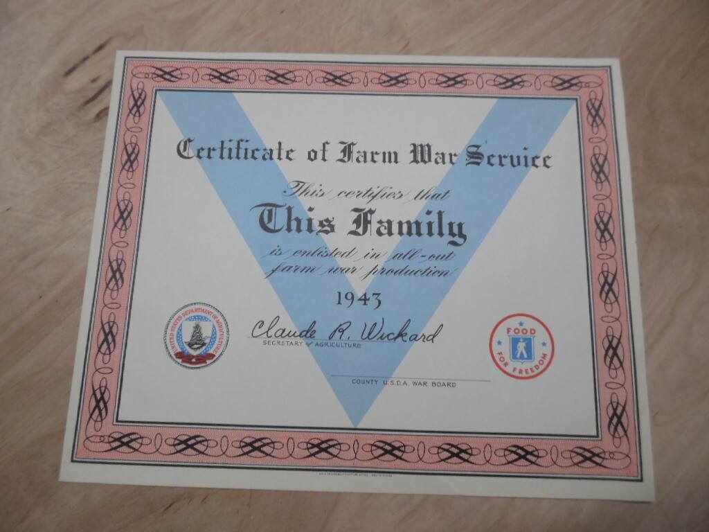 1943 Farm War Service Certificate WWII Food For Freedom Home Front Original