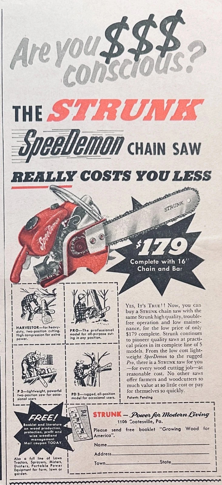 Vintage Mixed Lot of (3) Early Chain Saw Ads 1954-1962 Set 119 Lombard, Strunk