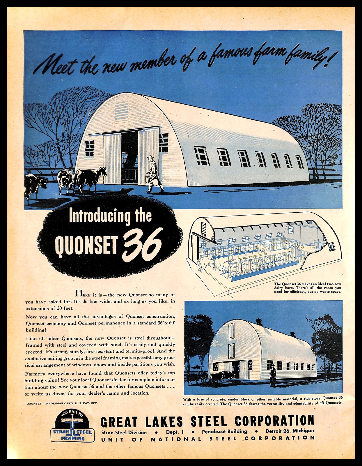 1947 Great Lakes Steel Corporation Vintage PRINT AD Quonset 36 Farm Building