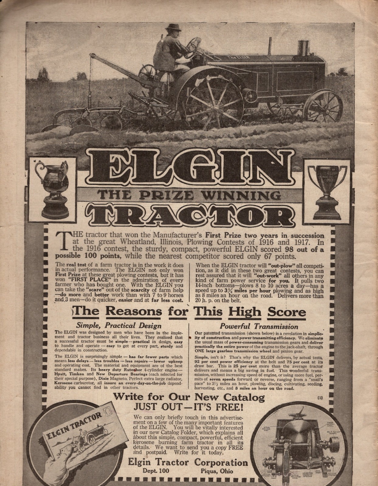 1918 Elgin original Tractor ad – Piqua Ohio Scarce