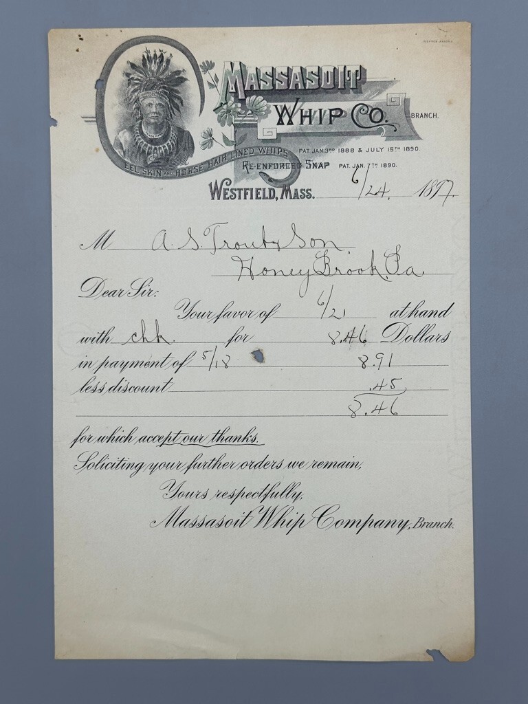1897 MASSASOIT WHIP Co EEL SKIN & HORSE HAIR Farm Advertising Bill WESTFIELD MA