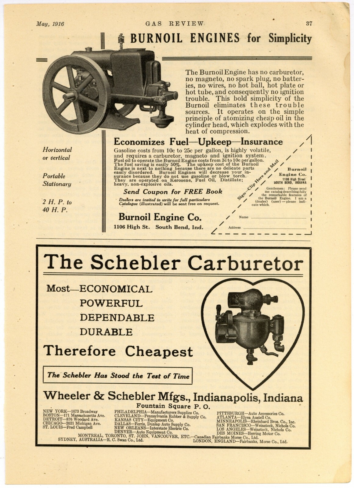 1916 Burnoil Engines Ad: Burnoil Engine Company – South Bend, Indiana