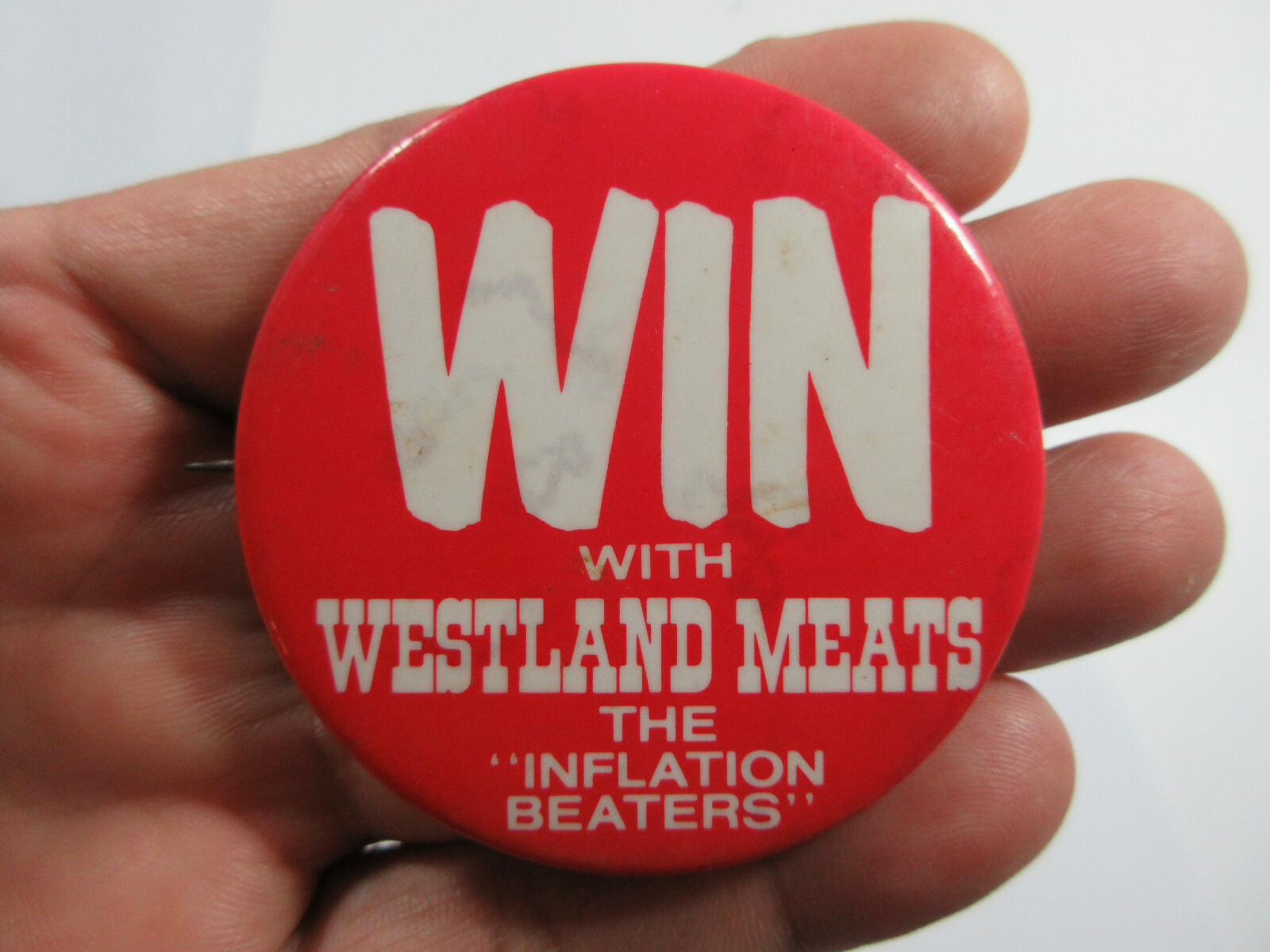lot 2 vintage Win with Westland Meats promo ad agriculture pin button badge