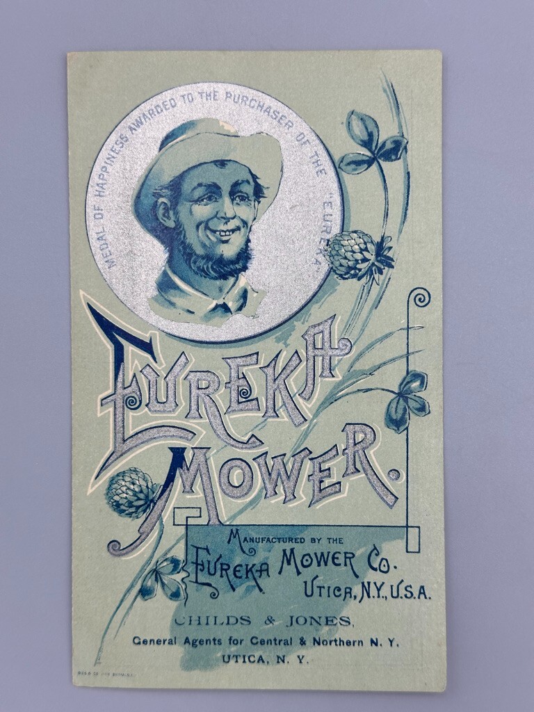 1890s EUREKA MOWER Victorian FARM Advertising Folding Trade Card UTICA NY