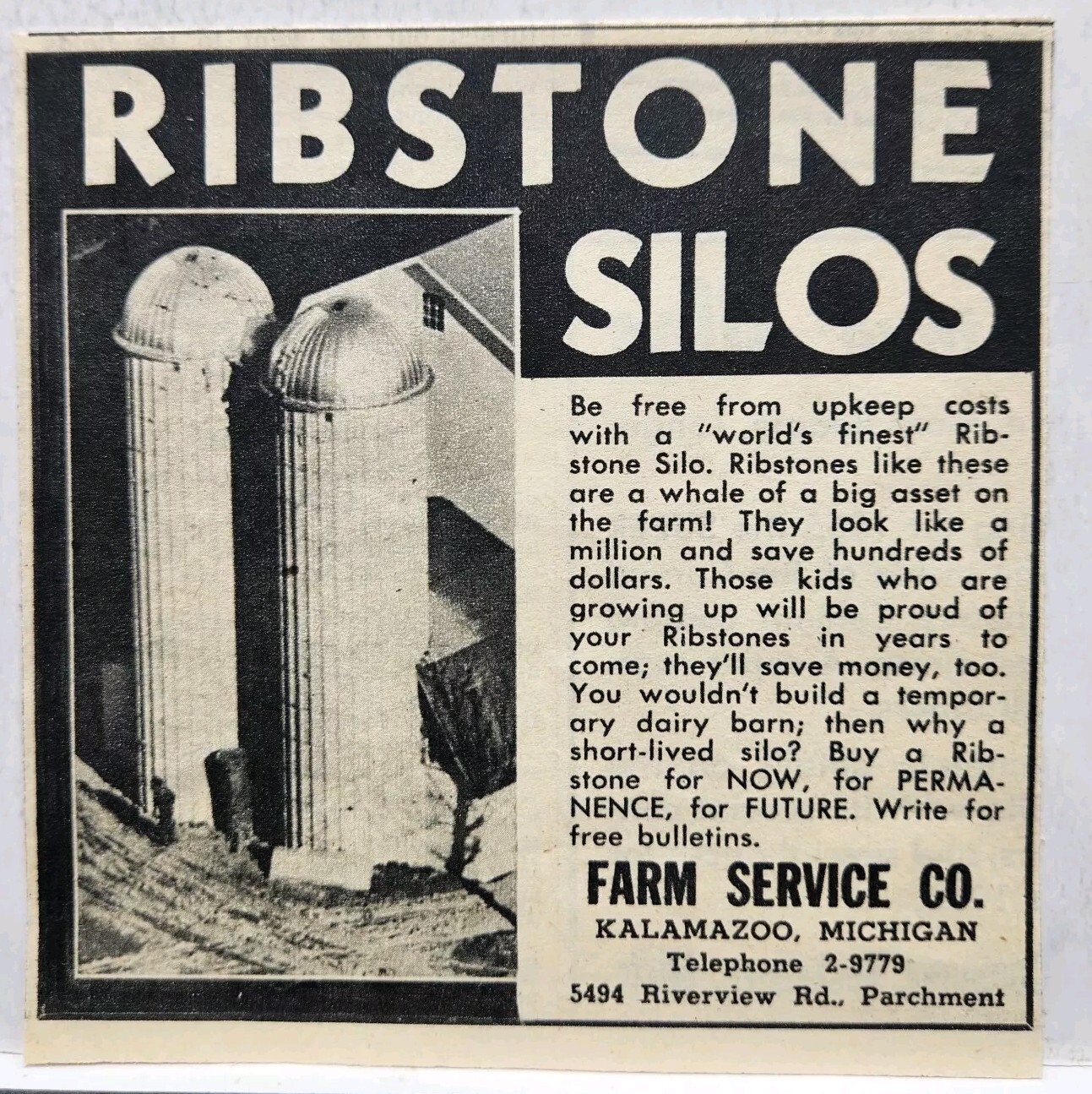 1954 Ribstone Silos Farmer Farm Service Co Print Ad Kalamazoo MI 4 1/2&Prime;