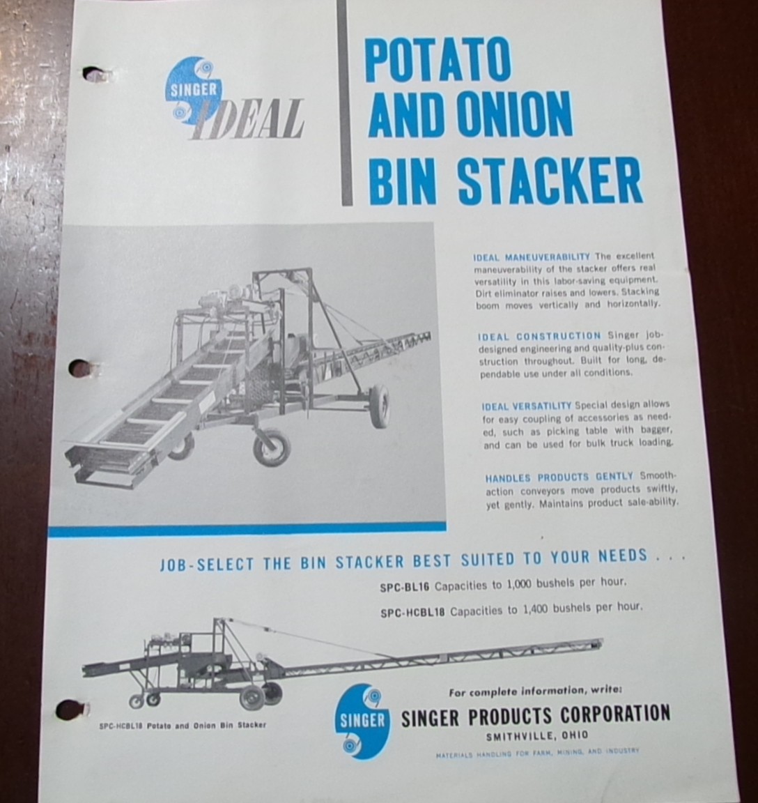 Singer Ideal Potato & Onion Bin Stacker Sales Brochure & price list 1970&rsquo;s?