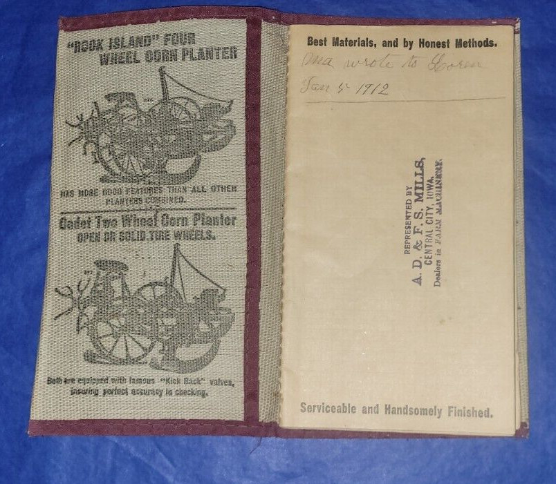 ROCK ISLAND PLOW Co 1912 Adv Notebook Implement A.D & F.S. MILLS CENTRAL CITY IA