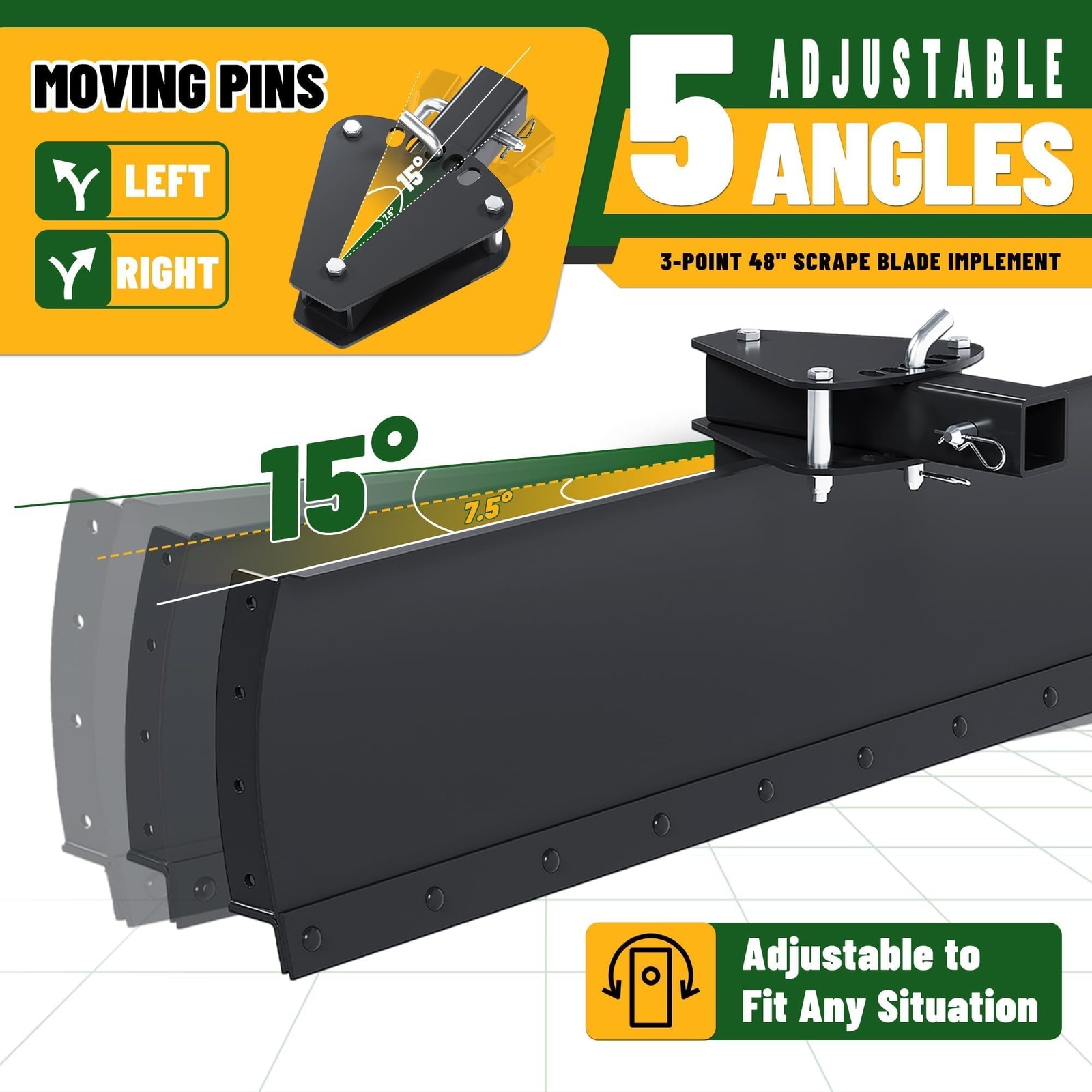 Scrape Blade Implement 3-Point 48&Prime; 2 Inch Receiver 5 Angles ATV UTV Garden