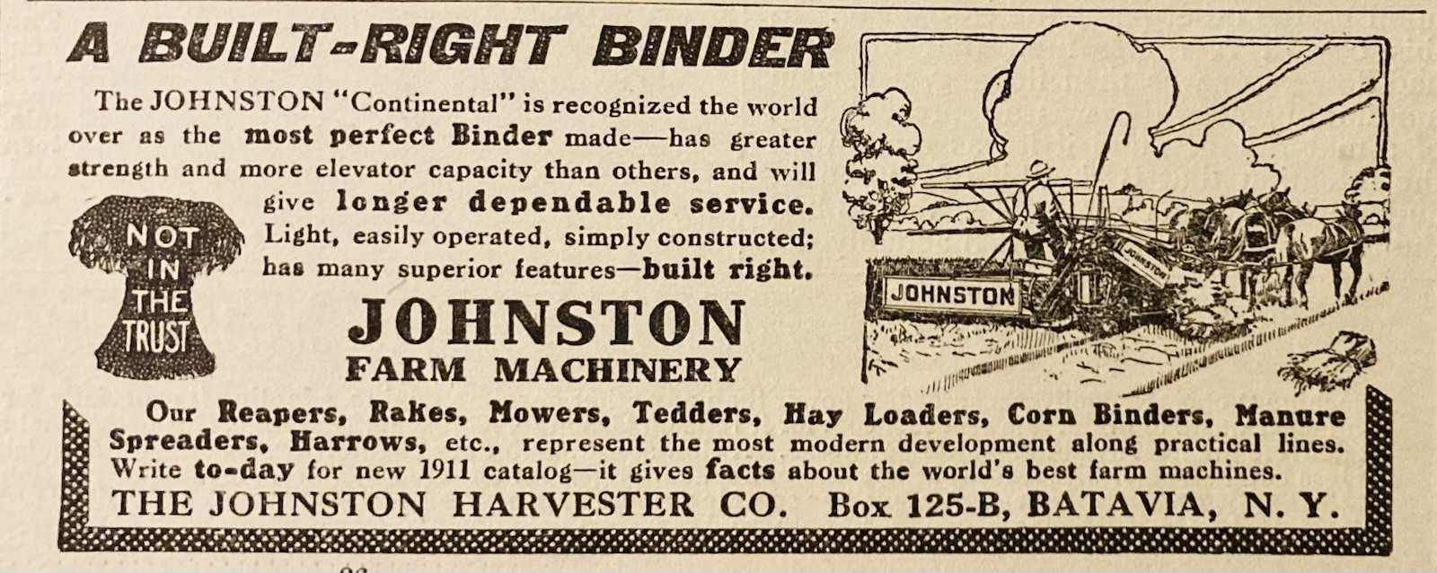 1911 AD.(PC10)~JOHNSTON HARVESTER CO. BATAVIA, NY. JOHNSTON FARM MACHINERY