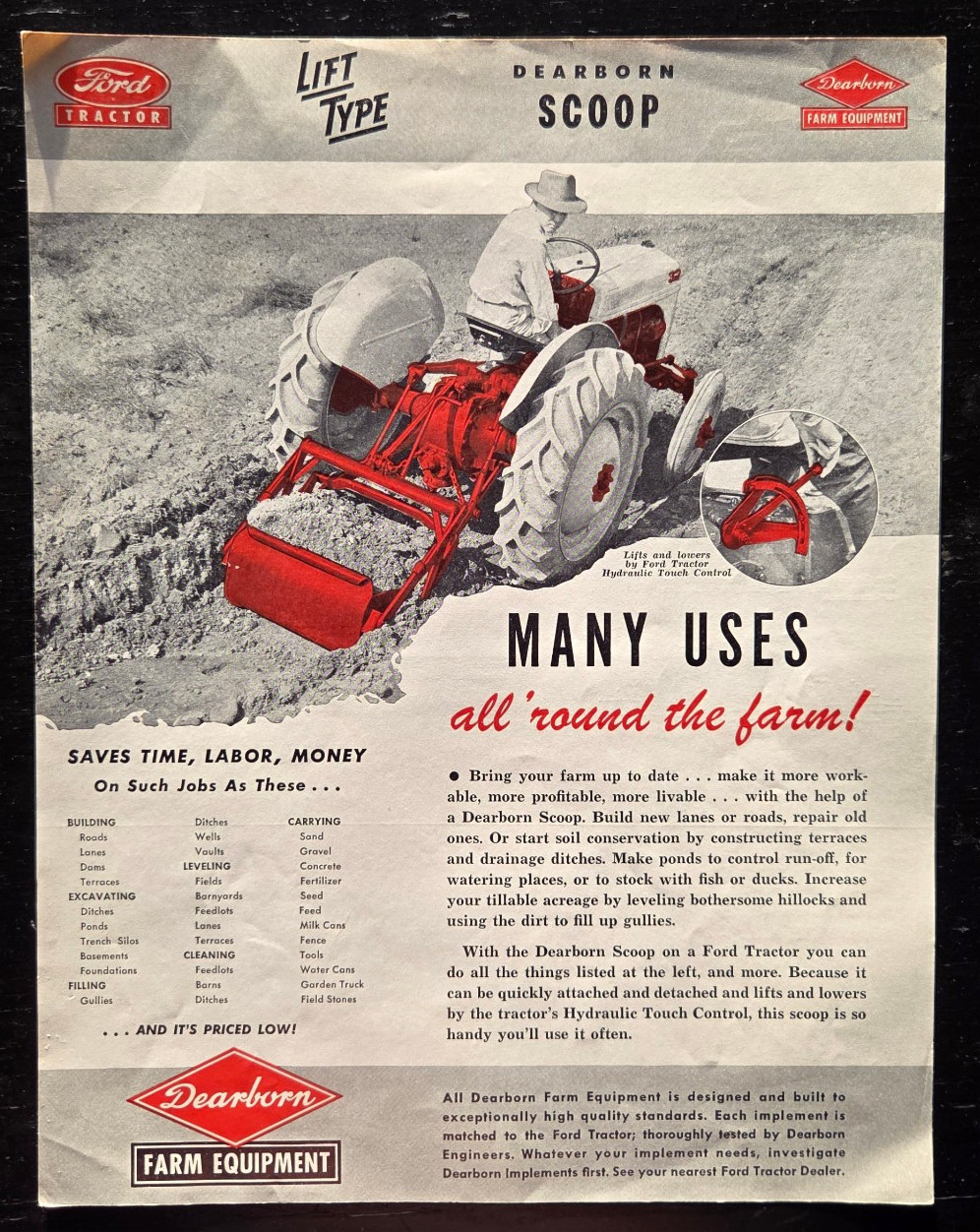 1949 FORD TRACTOR DEARBORN FARM EQUIPMENT LIFT TYPE SCOOP COLOR SALES SPEC SHEET