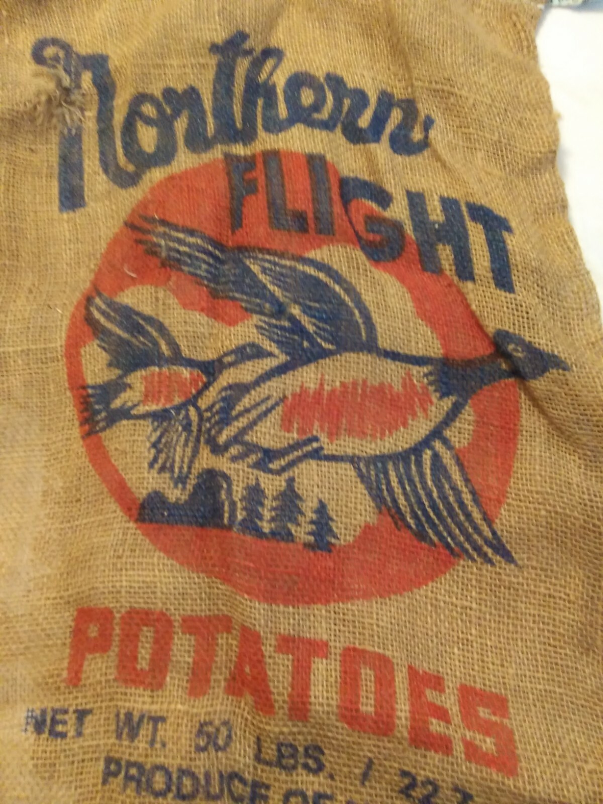 Vtg. (2) Minnesota Northern Flight Potato sacks burlap tattered torn 50 lbs