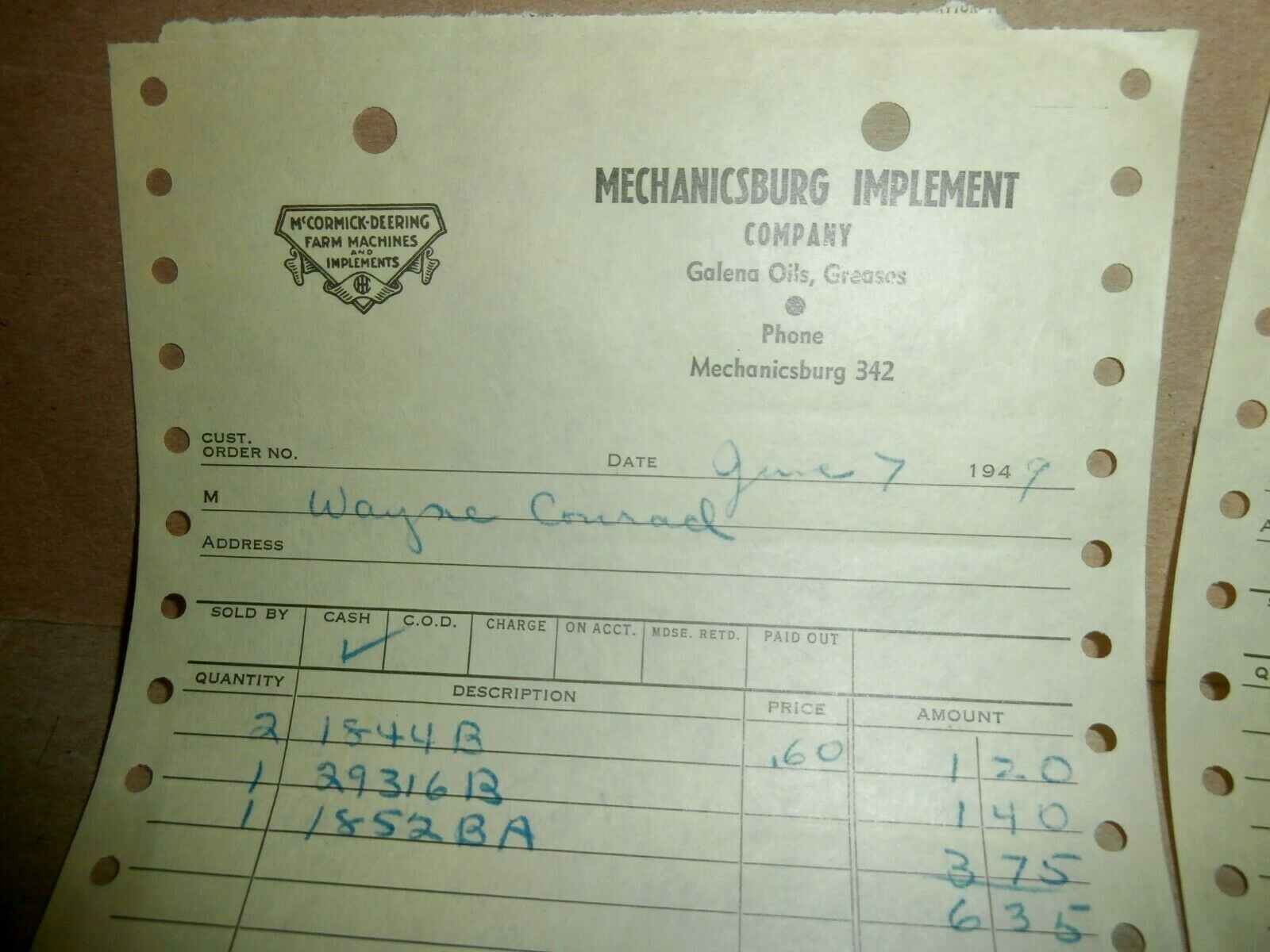 2 Vintage 1948 Mechanicsburg PA Implement Co Billhead Receipt McCormick Deering