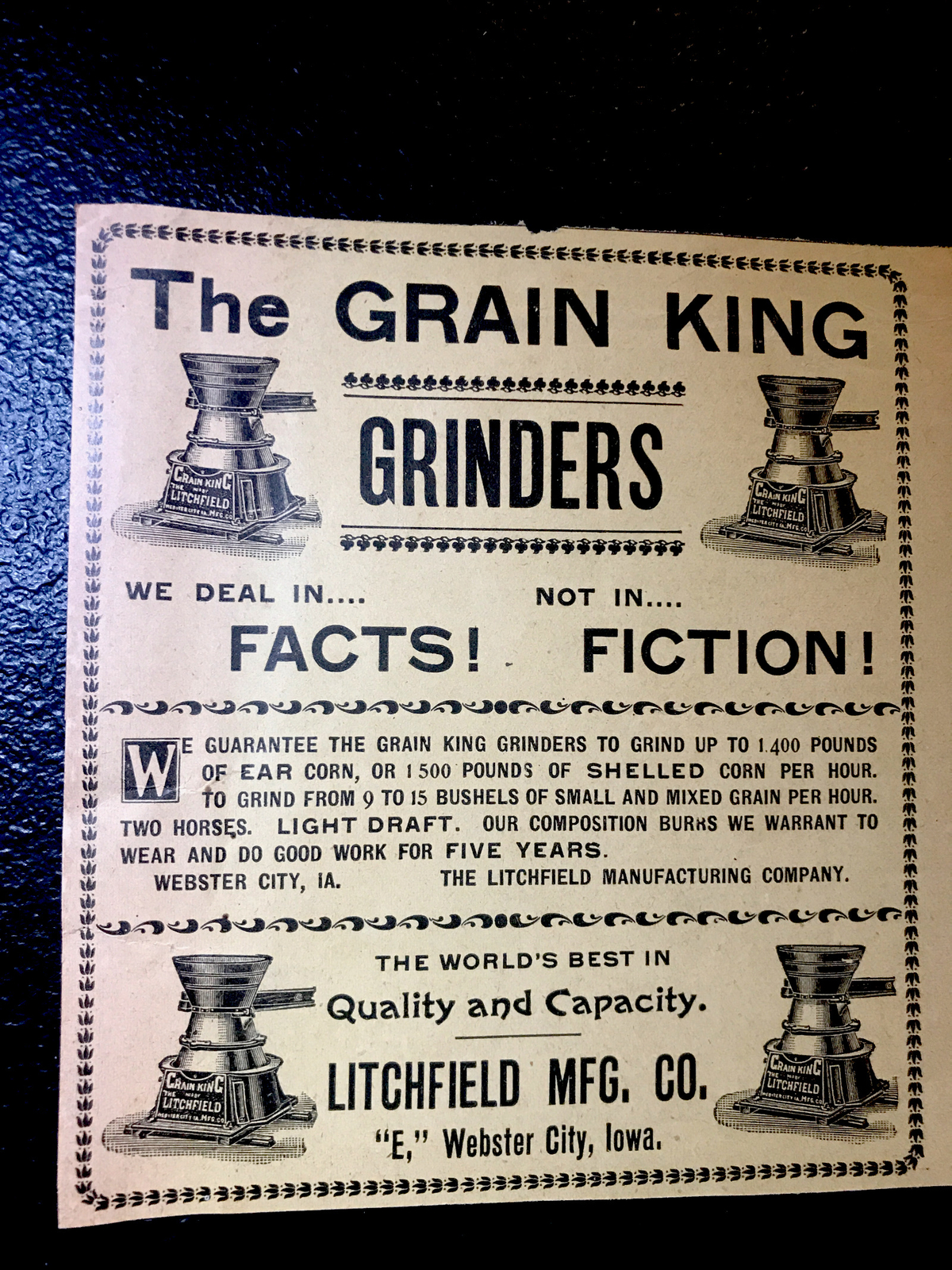ORIGINAL 1900 Litchfield Grinder Farm Advertising – Webster City – Iowa
