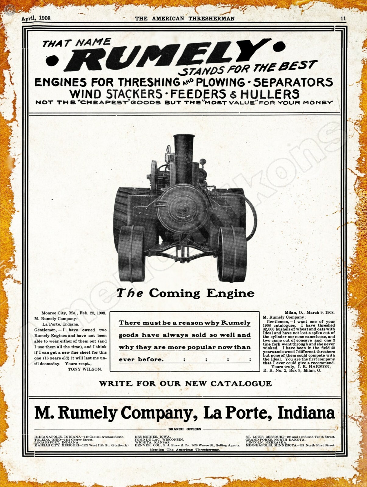 1908 M. Rumely Co. Traction Threshing Engines New Metal Sign: LaPorte, Indiana