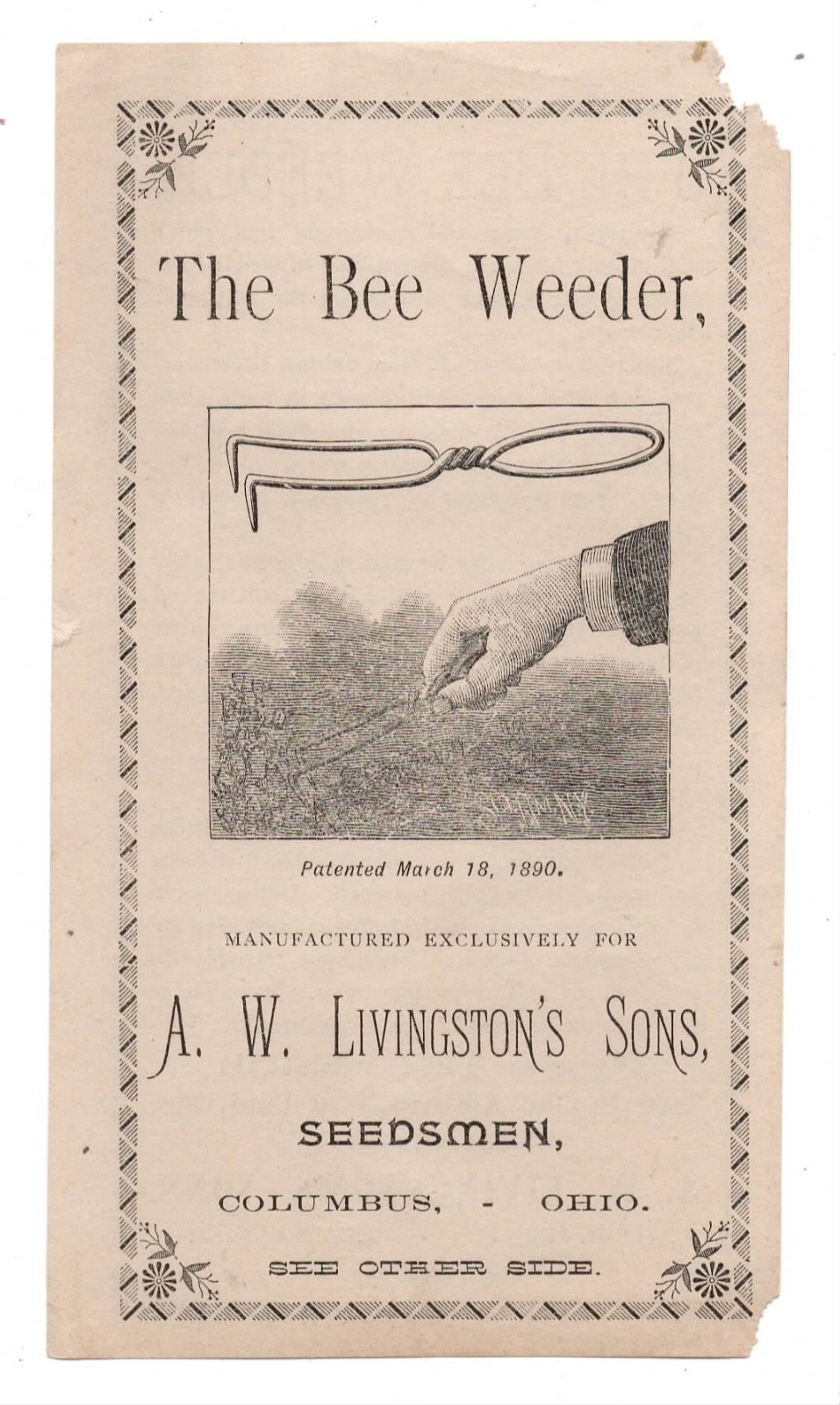 1890s Advertising Flier for the Bee Weeder for Weeds A.W. Livingston Columbus OH
