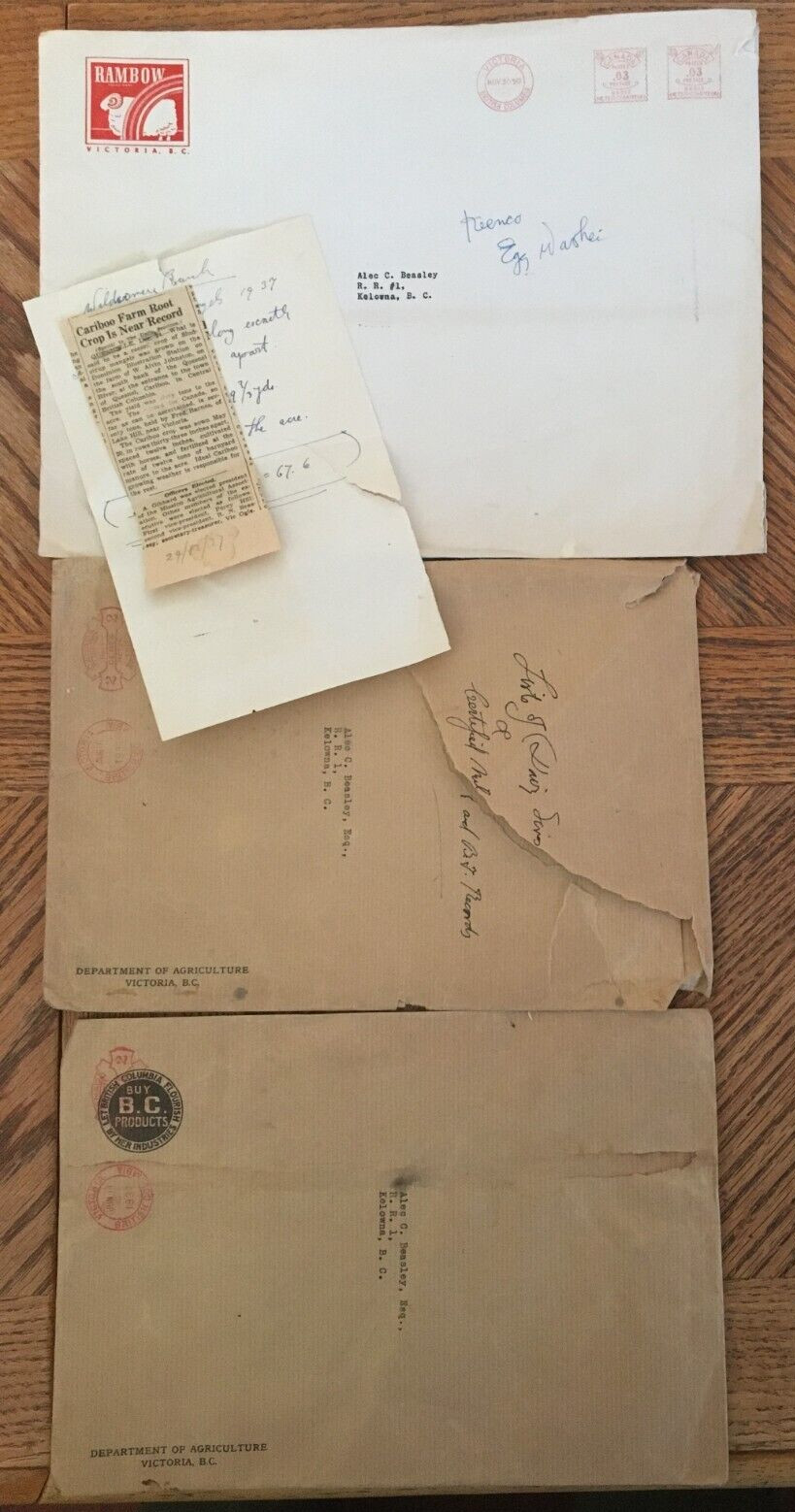 Dept Agriculture Envelopes Receipt 1937 Victoria Canada Kelowna BC Cattle Farm