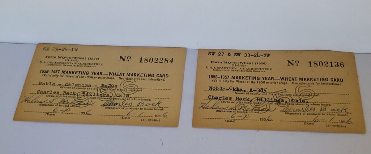 1956-57 Wheat Marketing Card – Charles Back- Billings, Oklahoma (2 CARDS)
