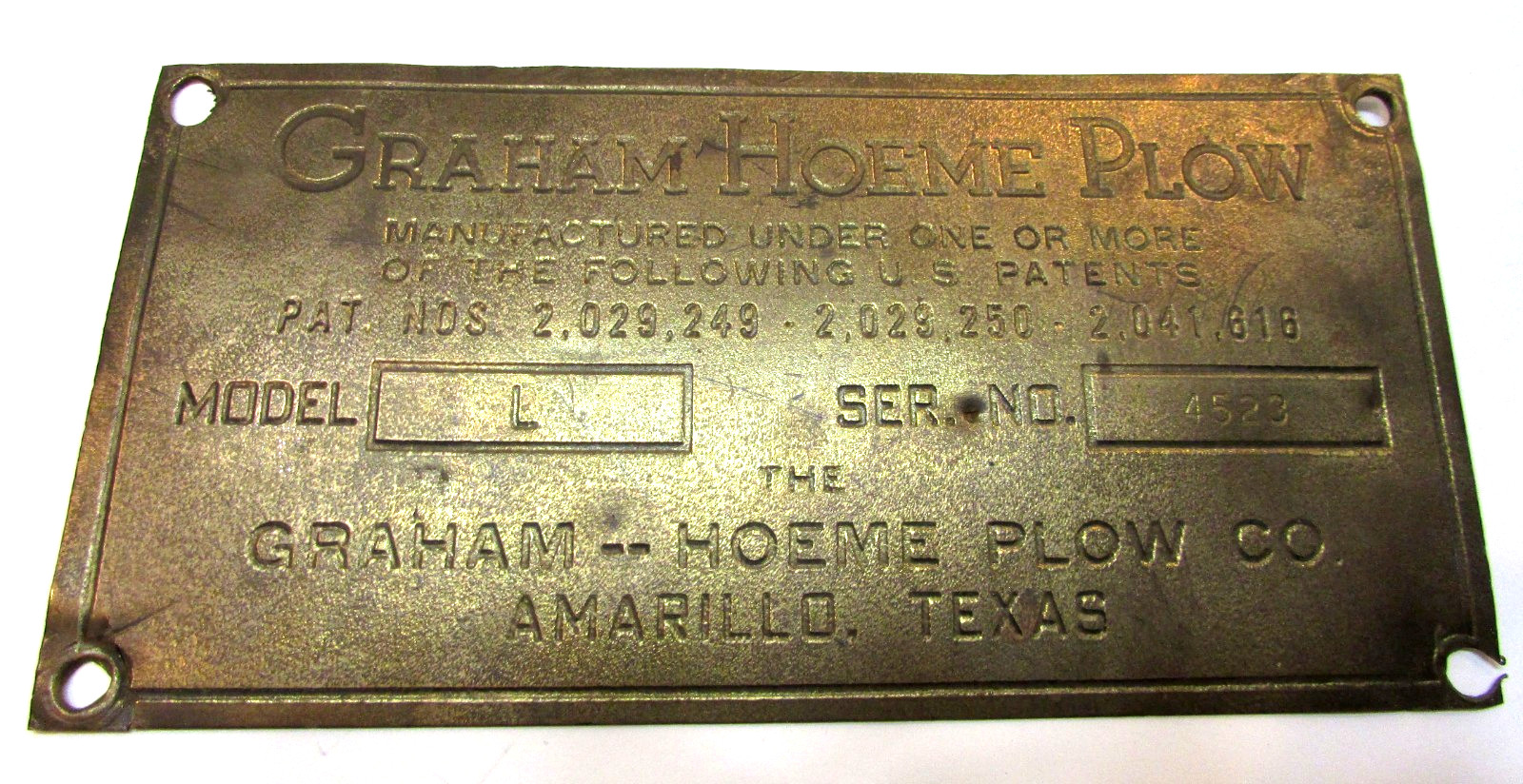Old 1937 Graham Hoeme Model L Plow Amarillo TX Texas Antique 3×6 Brass Plate