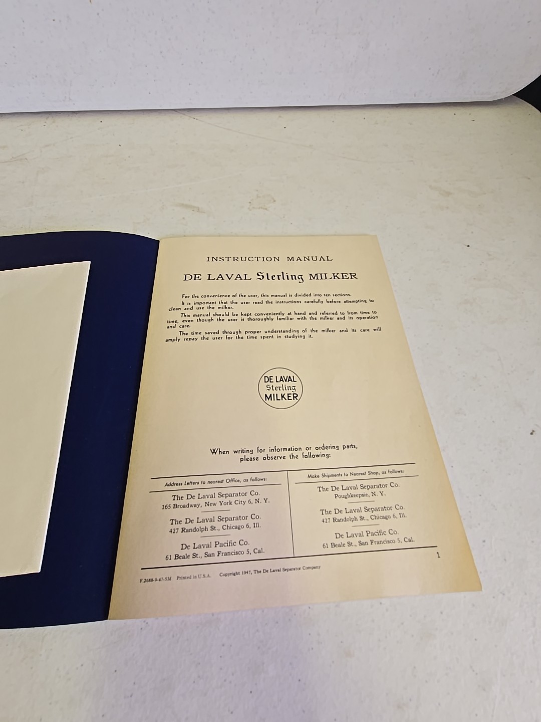 Vintage 1947 De Laval Sterling Milker Advertising Instruction Manual