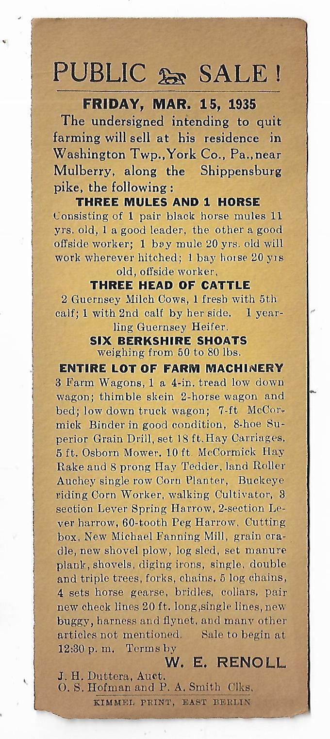 1935 Public Farm Sale Bill WE Renoll York Co PA Duttera Auctioneer Machinery